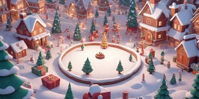 The primary subject of the image is a snowy scene featuring a Christmas tree in the center. The setting is a winter wonderland with a village and a house in the background. The visual style is a digital art or illustration, creating a festive and cozy atmosphere. The colors are predominantly white and red, representing the holiday season.